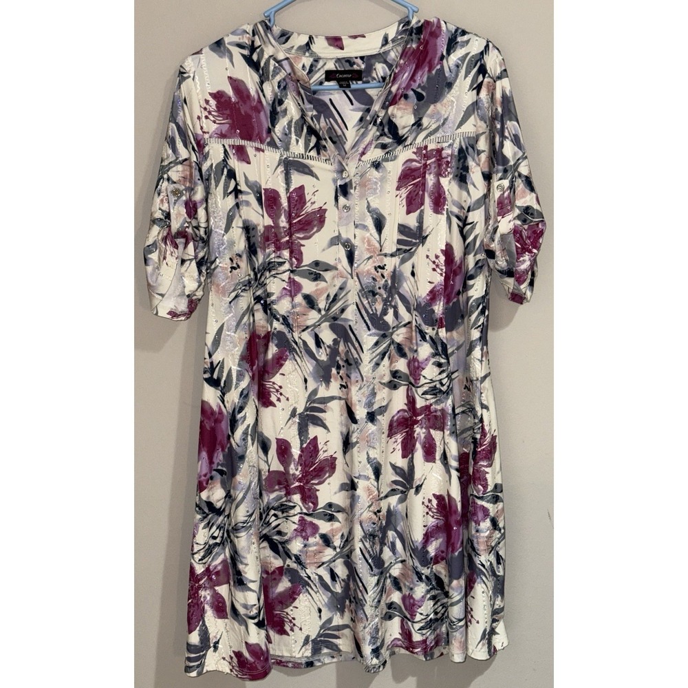 Cocomo Floral Tunic Dress Roll Tab Sleeves Embellished Swing Boho Medium